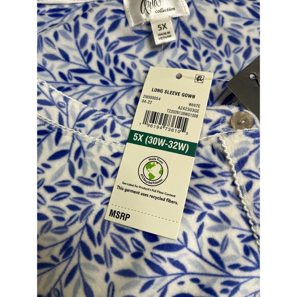 Aria Collection Nightgown Long Sleeve Velour   Floral blue white pockets,size 5X - Picture 5 of 11